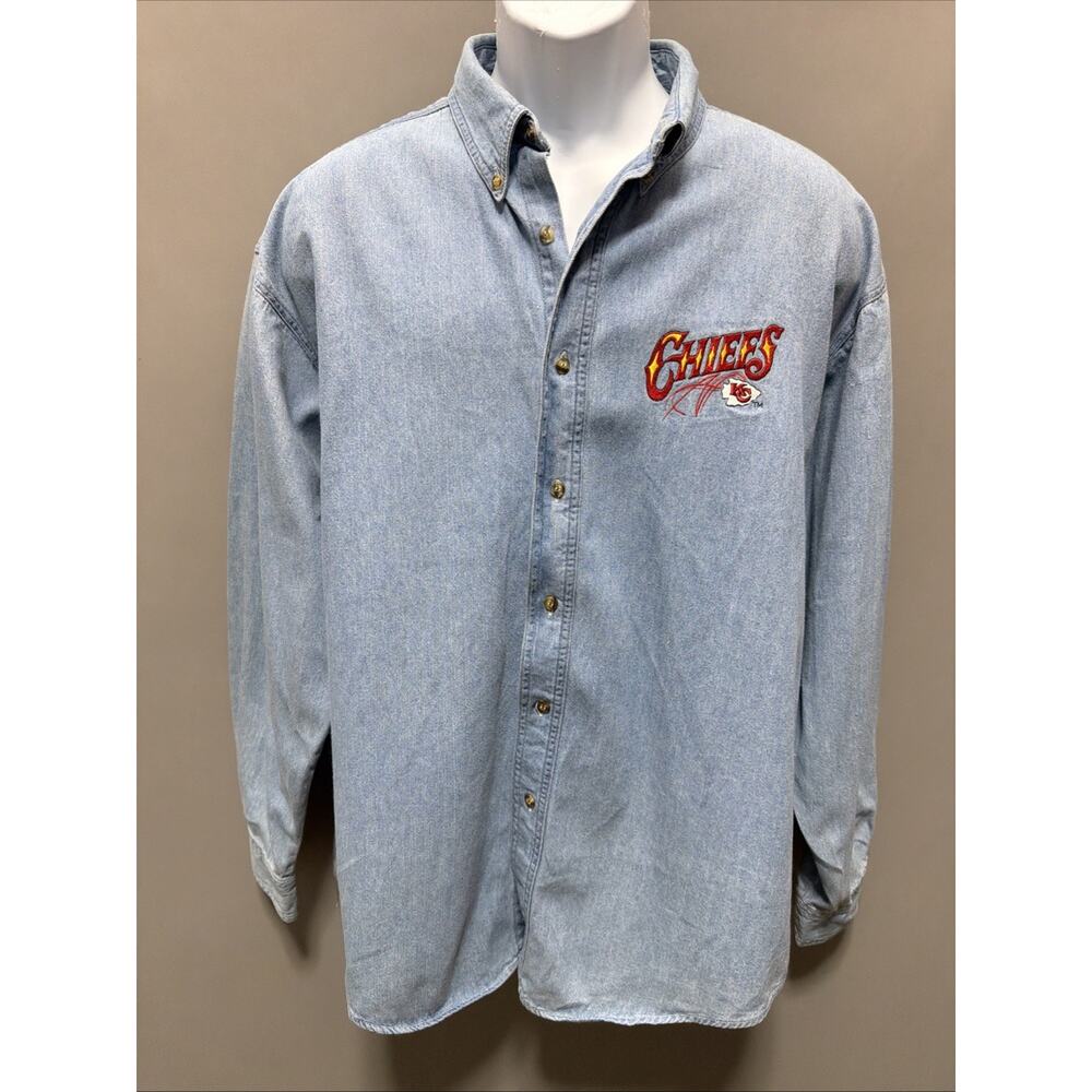 Vintage Kansas City Chiefs Pro Elite Chambray Shirt Blue Denim NFL- Mens Large